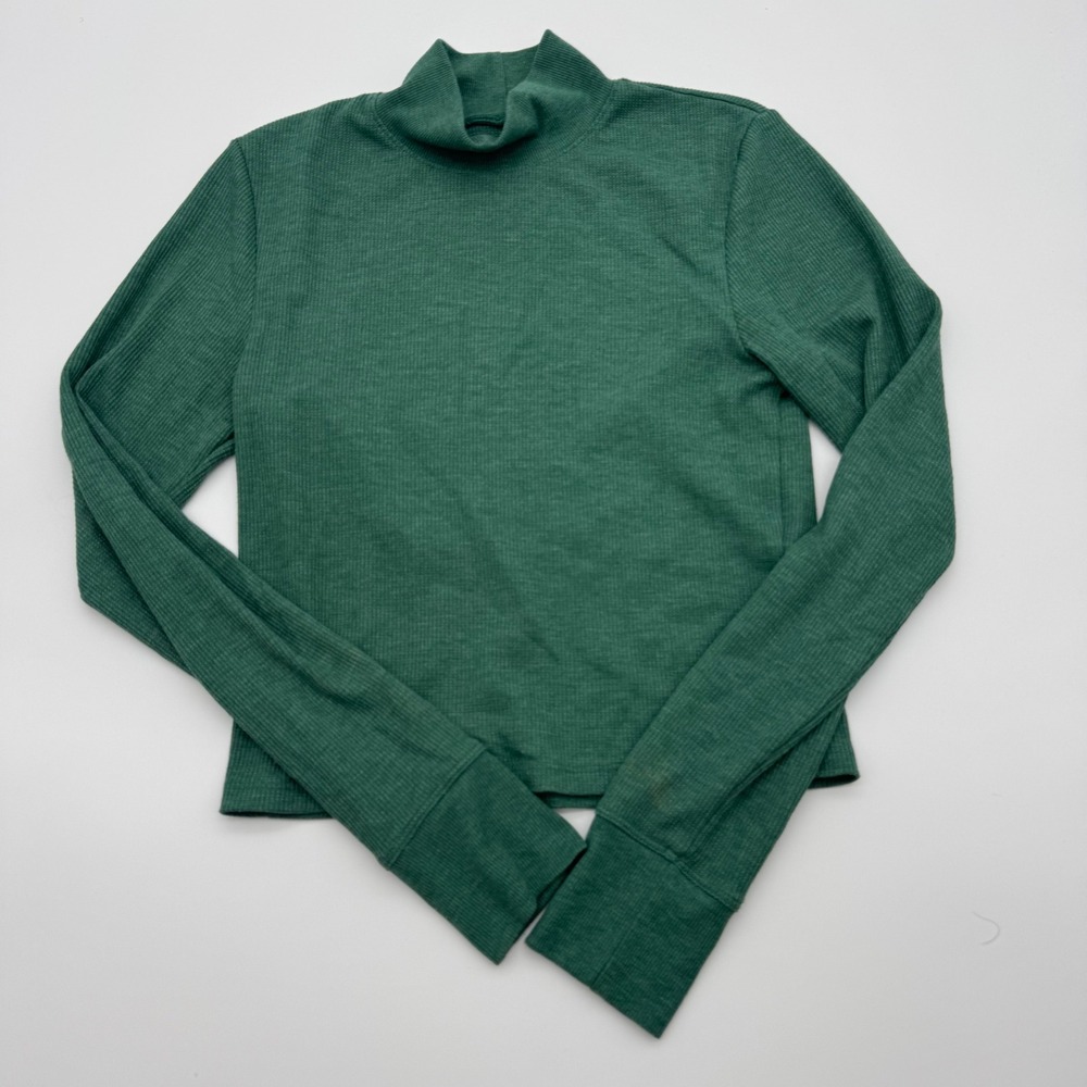American Eagle Womens Waffle Knit Mock Neck Long Sleeve Top Large Green Marl